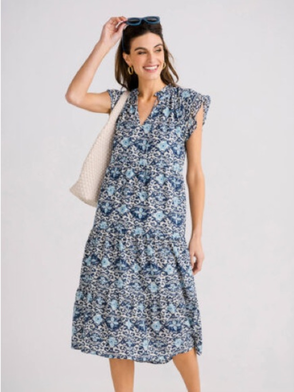 NWT THML Diamonds in the Sky Tiered Midi Dress, Blue & Beige Print – Size Large